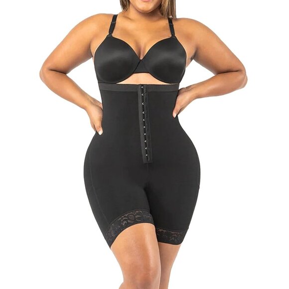 🖤 Contouring High-Waist Hook & Eye Front Sculpting Shapewear Shorts – Lace Trim - Picture 2 of 8